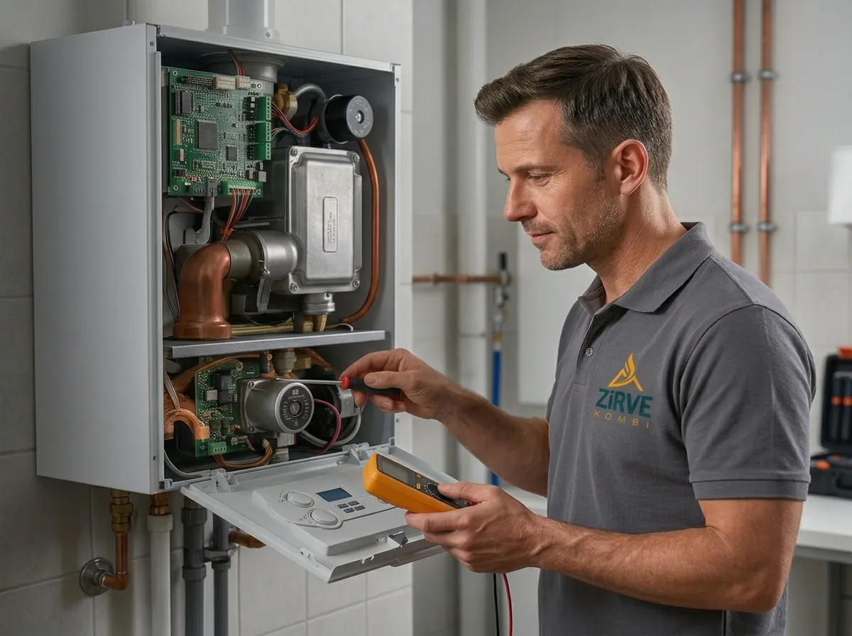 Kombi ustası, kapağı açılmış kombinin elektronik kartını ölçü aletiyle kontrol ediyor